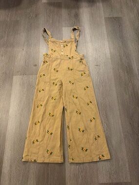 Cider Embroidered Floral Tan wide leg Overalls pants